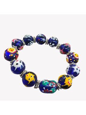 Handmade Lampwork Glass Bead Bracelet Cobalt Blue Yellow OOAK